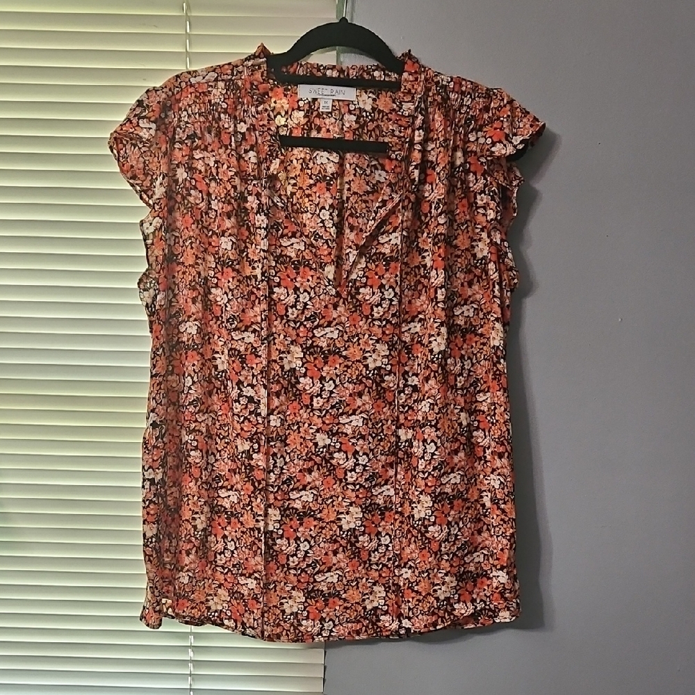 Sweet Rain Brown Tie Front Blouse with Mandarin Collar
